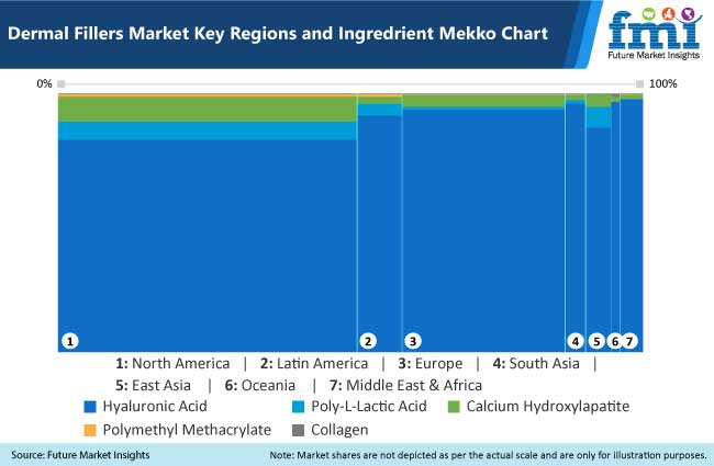 dermal fillers market key region and ingredrient mekko chart